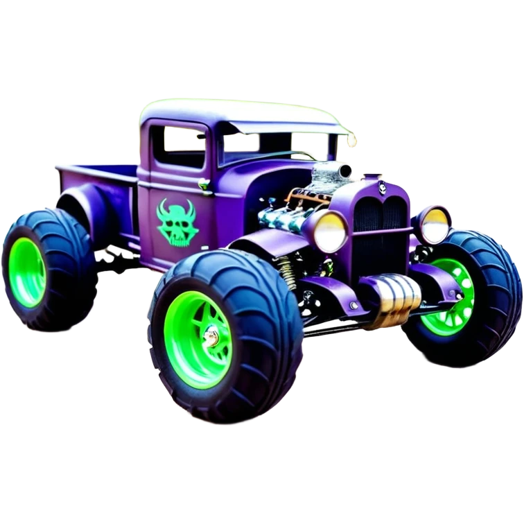 1:10 off-road pot-smoking rusting Basher style 1927 blackened tarnished hotrod rat rod streamlined anime vampire ghostly-glowing Dodge zombie infected extended-cab rc bulging monster pickup (extra wide low-profile pin tires chrome wheels with fenders) emoji