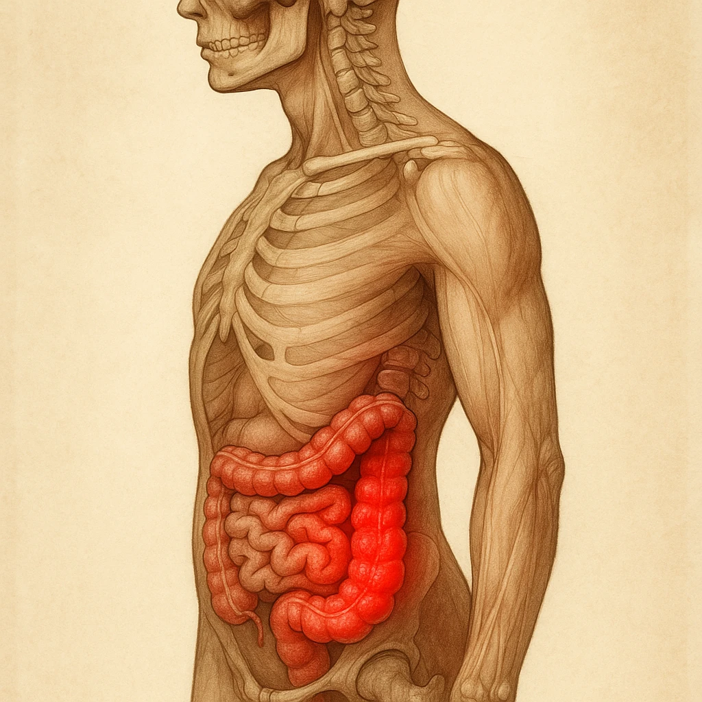realistic anatomical illustration of human body with inflamed intestine, side view, detailed anatomy, inflammation highlighted in red, natural colors, vertical 9:16 format emoji