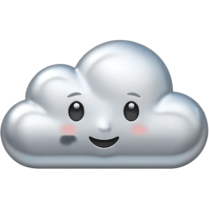 A cute cloud emoji made of silver chrome, smooth rounded shape, glossy metallic surface, soft reflections, minimal and friendly design, iOS emoji style, centered, clean white background, soft lighting emoji