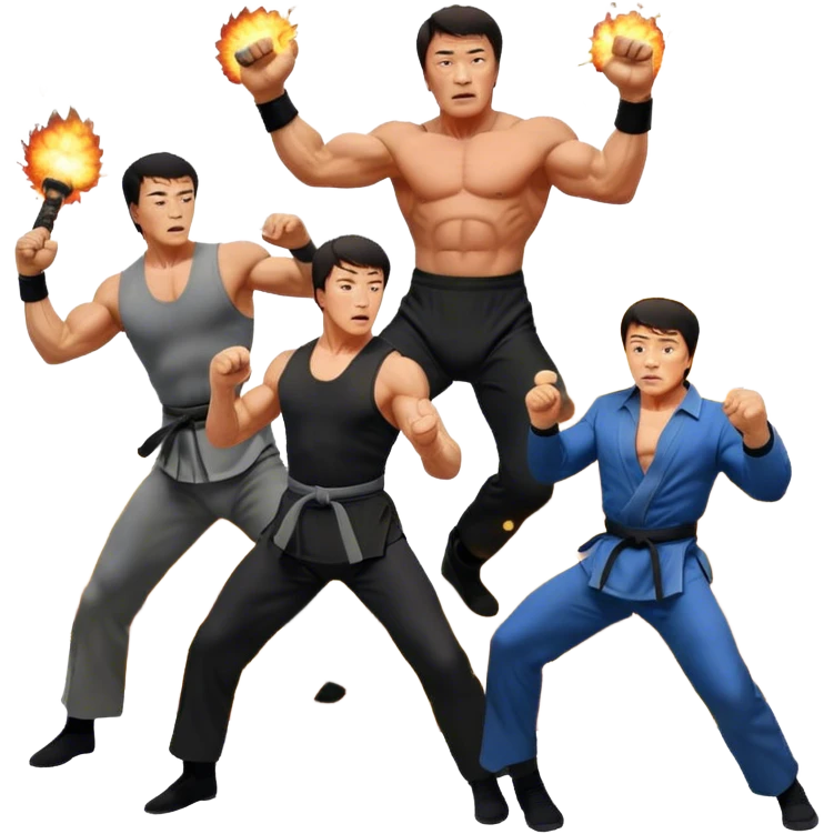 Collage of Arnold Schwarzenegger, Sylvester Stallone and Jackie Chan in intense action poses, surrounded by explosions, martial arts moves, weapons. The design should capture the high energy and heroism of classic action films. Transparent background. emoji