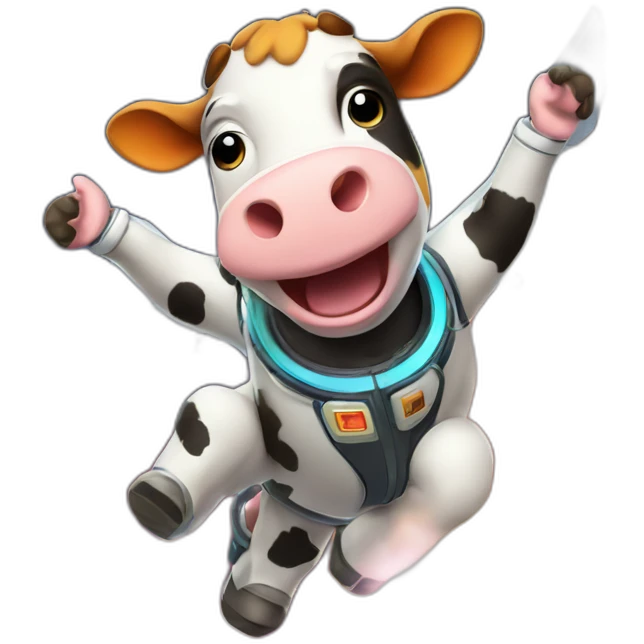 cow flying to space while wearing a jetpack that is emitting flames emoji