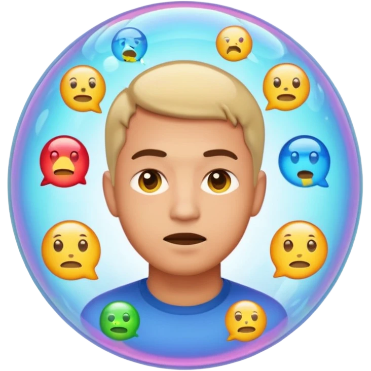 Realistic emoji-style man trapped inside a glowing filter bubble. The bubble contains identical social media icons and repeating content symbols. Outside the bubble are colorful diverse icons he cannot see. The man looks comfortable but unaware, expressing narrow perspective. emoji