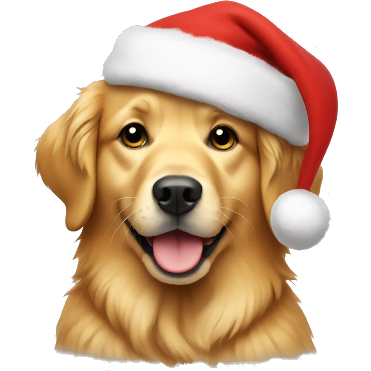 Golden retriever wearing a Christmas hat emoji