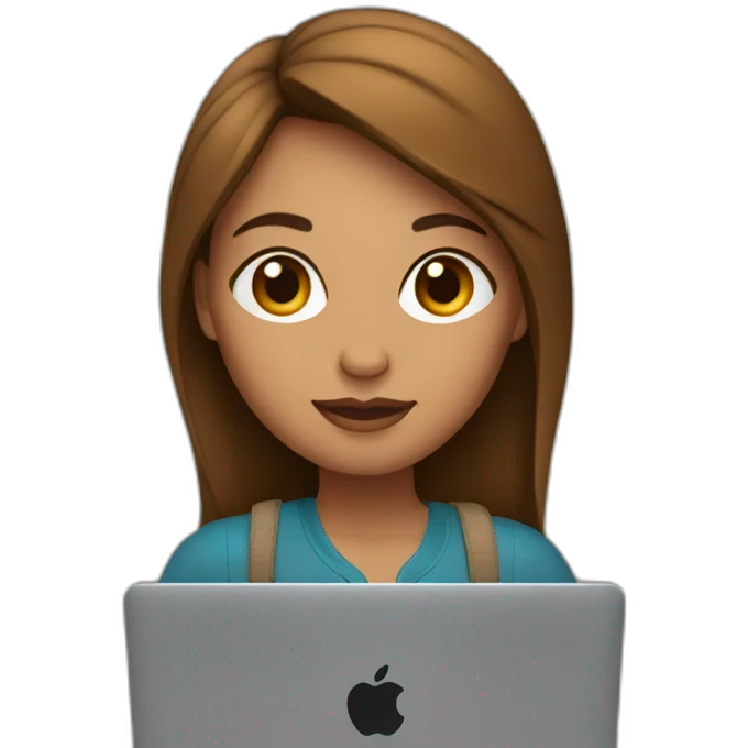 Mujer joven con cabello castaño con MacBook emoji