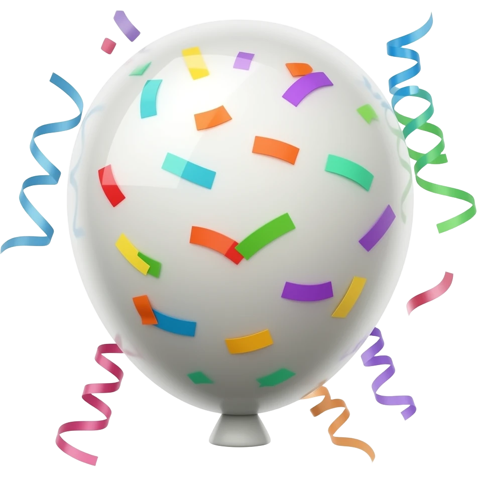 Emoji de un globo y confetis en forma de celebración en forma de celebración que tenga confeti por todos lados fuera del globo y también listones de colores emoji