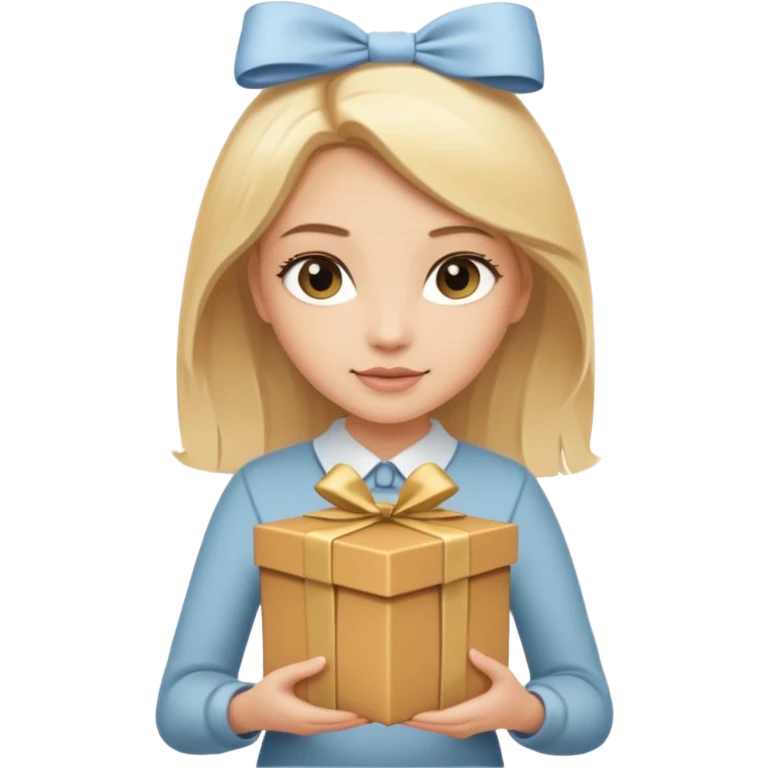 сгенерируй светловолосую девушку, держащую светло-коричневую подарочную коробку с бантиком emoji