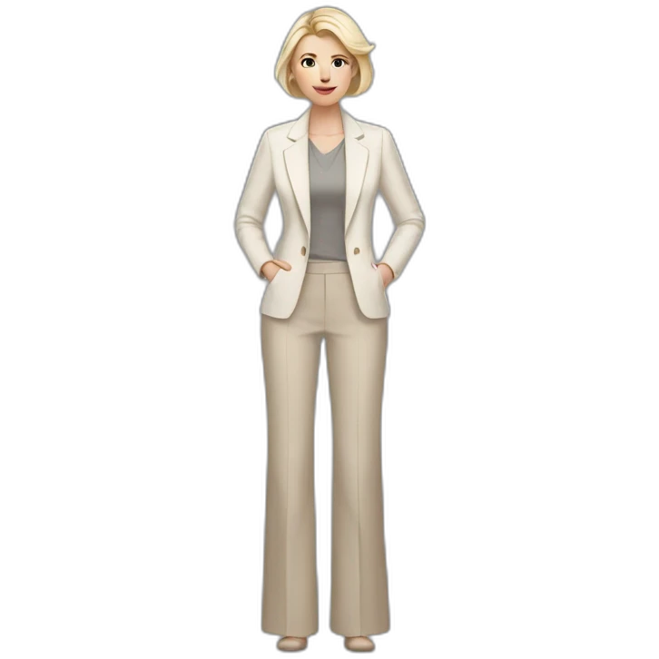 Full height Actively gesturing with hands pale skin woman with ash blonde Straightened bob Hair, White Spacious classical jacket, beige palazzo Arrow pants and gray blouse emoji