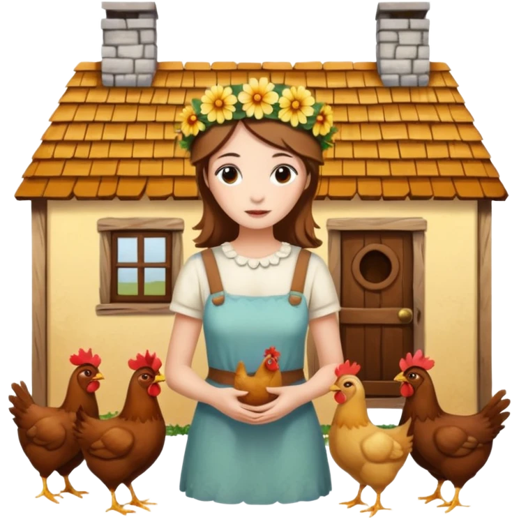 A rustic house with chicken and a hippy life emoji