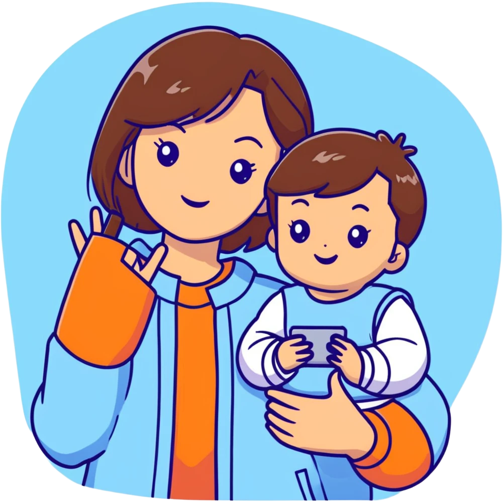 brunette girl with brown hair wearing pastel blue clothes holding a baby and taking a selfie emoji