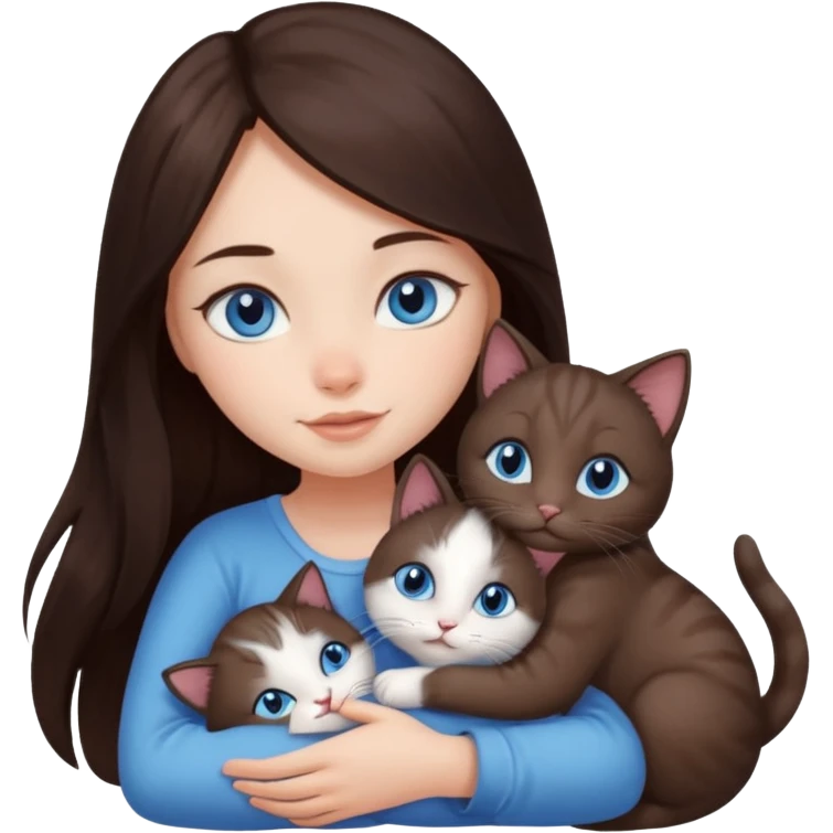 a pretty girl with long dark 
brown hair, with blue eyes, hugs 3 different natural coloured small cats emoji