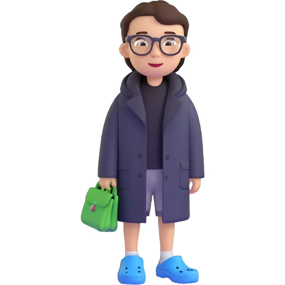 boy with glasses, short height, wearing crocs and a black coat emoji