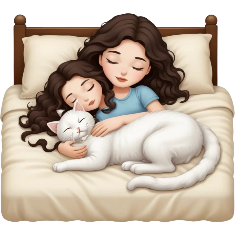 White Barbie girl dark brown long wavy hair sleeping with white kitty at cream bed emoji