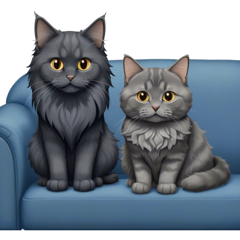 Portrait of a black smoke Maine Coon cat with long grey ear tufts, alongside a British Shorthair cat with a solid blue coat on sofa. Both cats with detailed fur textures and playful expressions. Soft, elegant background of room with warm, natural tones. Transparent background. emoji