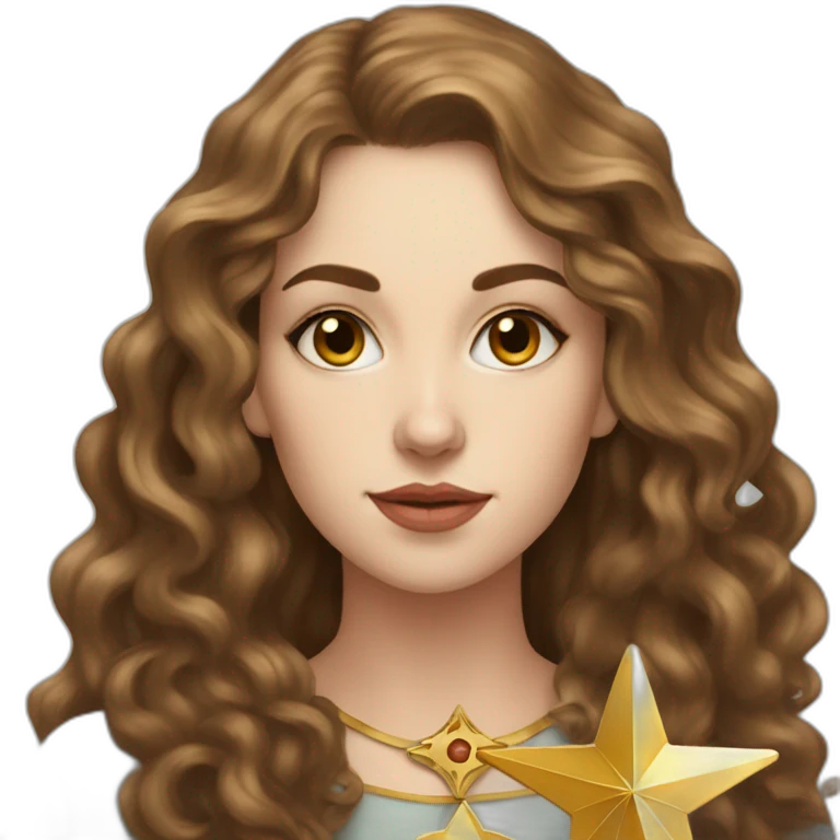 white young elegant woman with long brown curls and a tarot card that has a golden star emoji