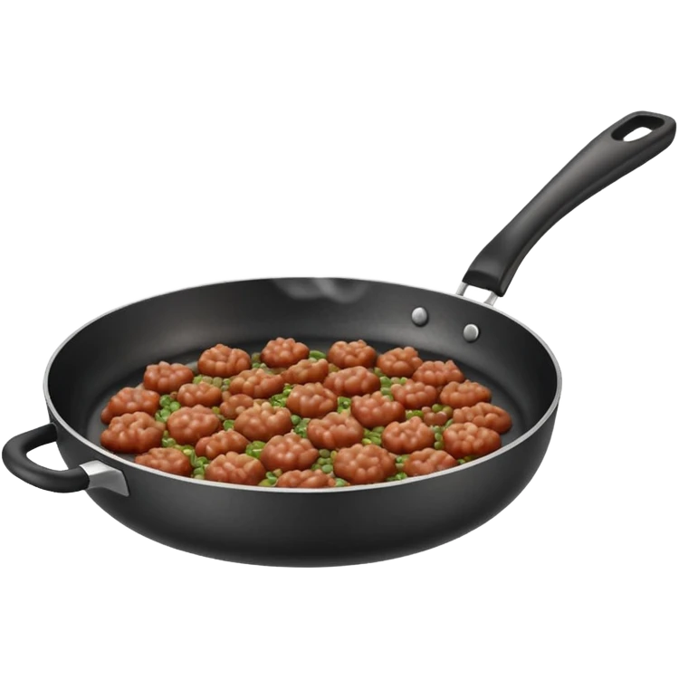 A 3D cartoon frying pan with minced meat being cooked, slight steam, realistic texture, Memoji-style. emoji