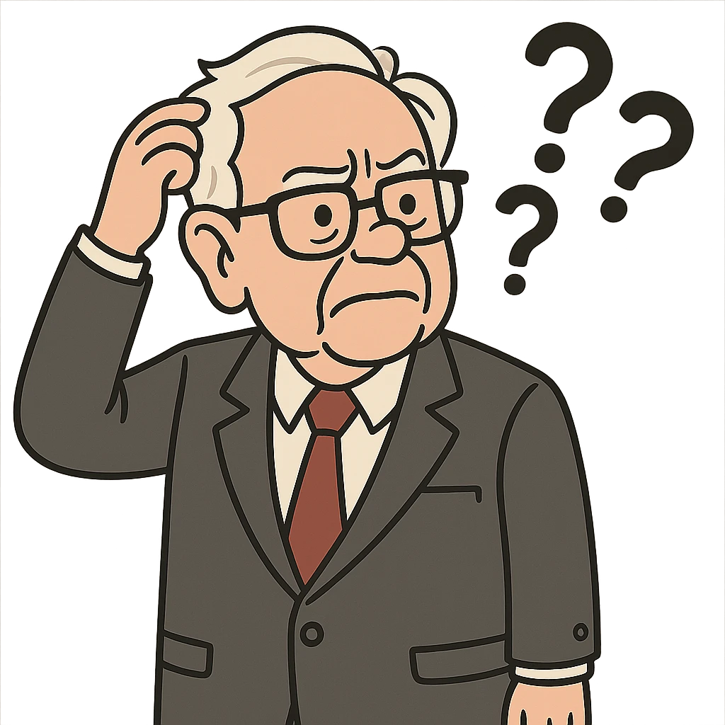 Warren Buffett looking confused, scratching his head, puzzled expression, business attire, cartoon style emoji