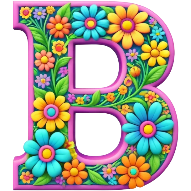 3D style, psychedelic colored Letter B with hippie style flower border emoji
