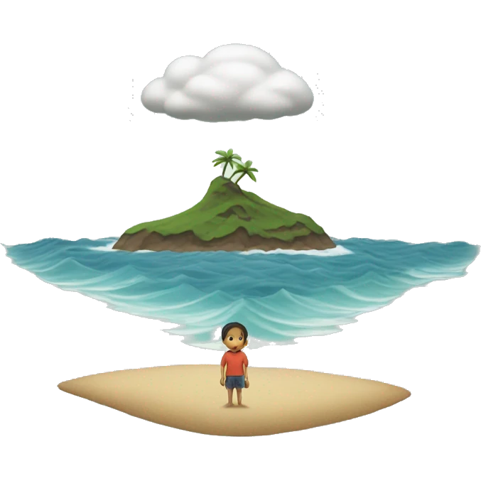 A tiny person standing on a deserted island, surrounded by waves, with a single cloud above their head emoji