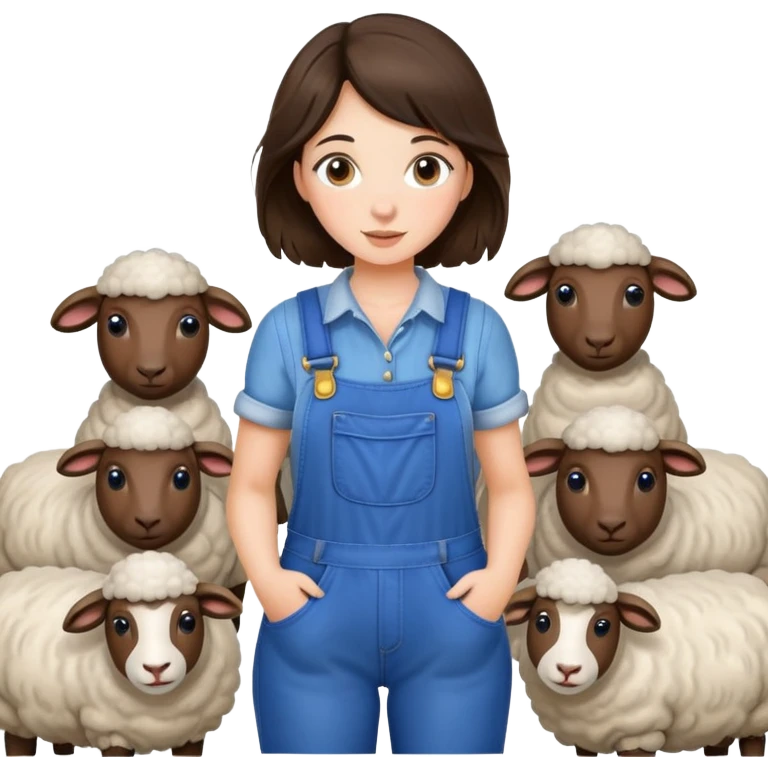 brunette girl wearing overalls and farming sheep emoji