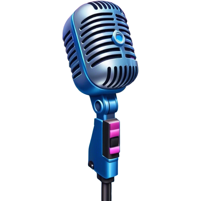 Create a vibrant and dramatic emoji that represents pop stage performance, focusing on the equipment and stage atmosphere. The design should feature a close-up of a professional stage microphone, shining brightly with sparkling details. In the background, show a part of the stage with dramatic stage lighting, illuminated with colorful spotlights and a festive firework-like salute or confetti to convey the energetic atmosphere of a live performance. Use neon colors like electric blue, pink, and silver to highlight the glamour and excitement of the stage. The background should be transparent. emoji