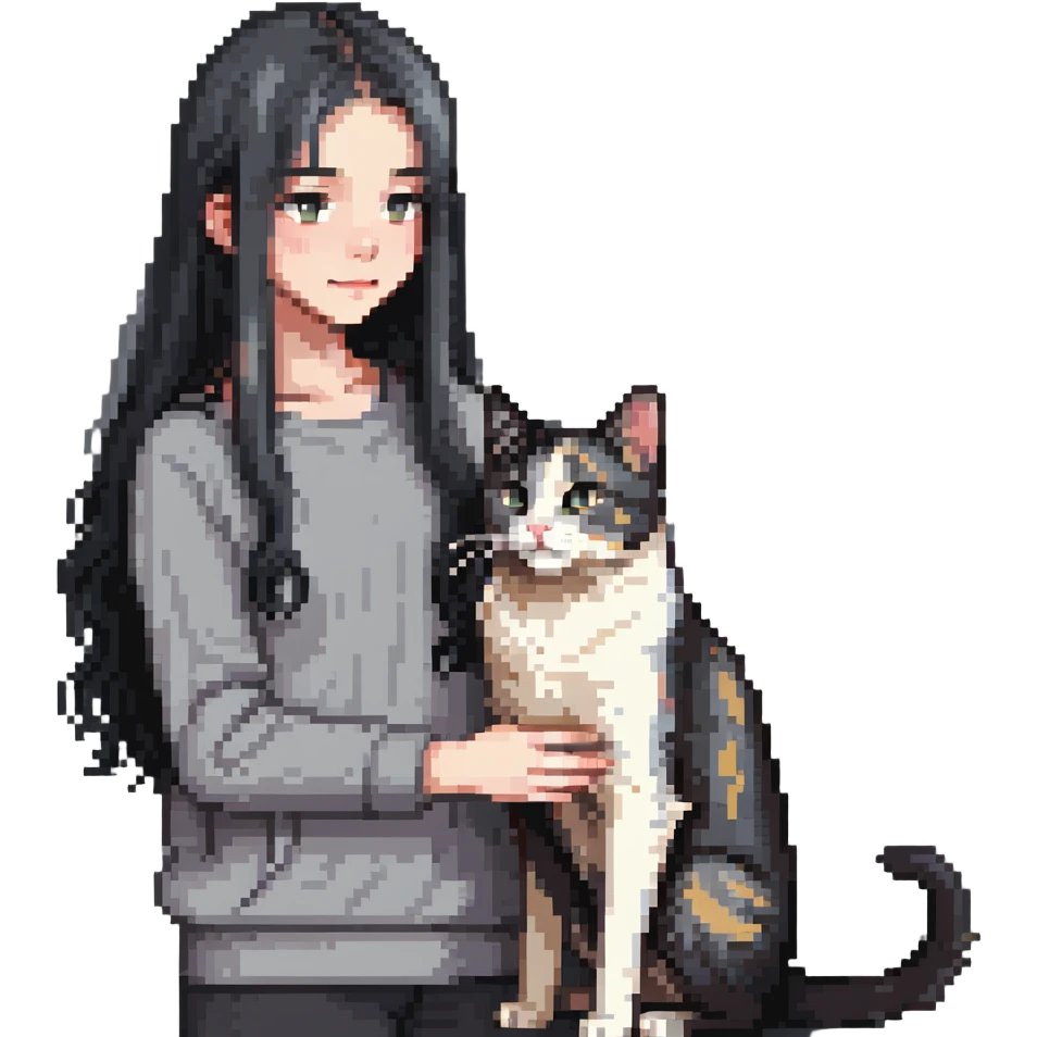 Beautiful girl with long black hair petting a gray and blonde mixed cat emoji