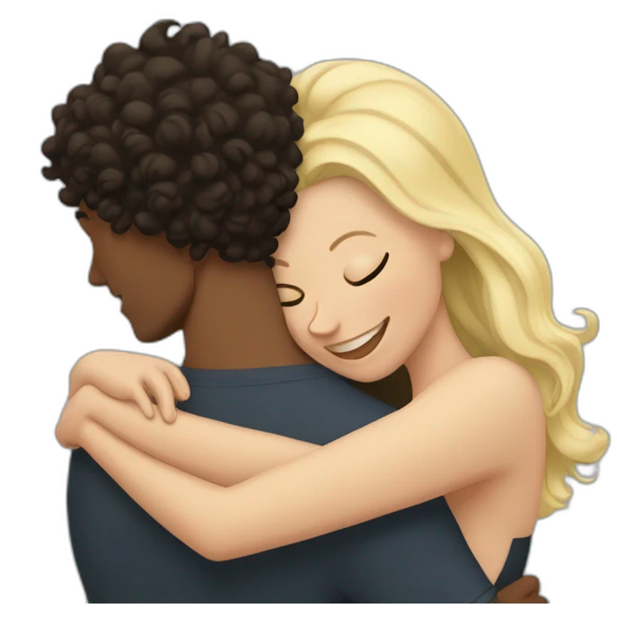 White man with dark curly hair hugging a blonde curvy woman emoji