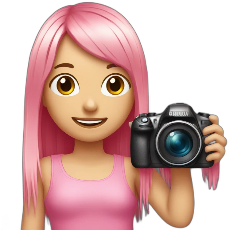 happy girl with long, straight rose hair with fringe and holding camera and wearing pink, pretty top emoji