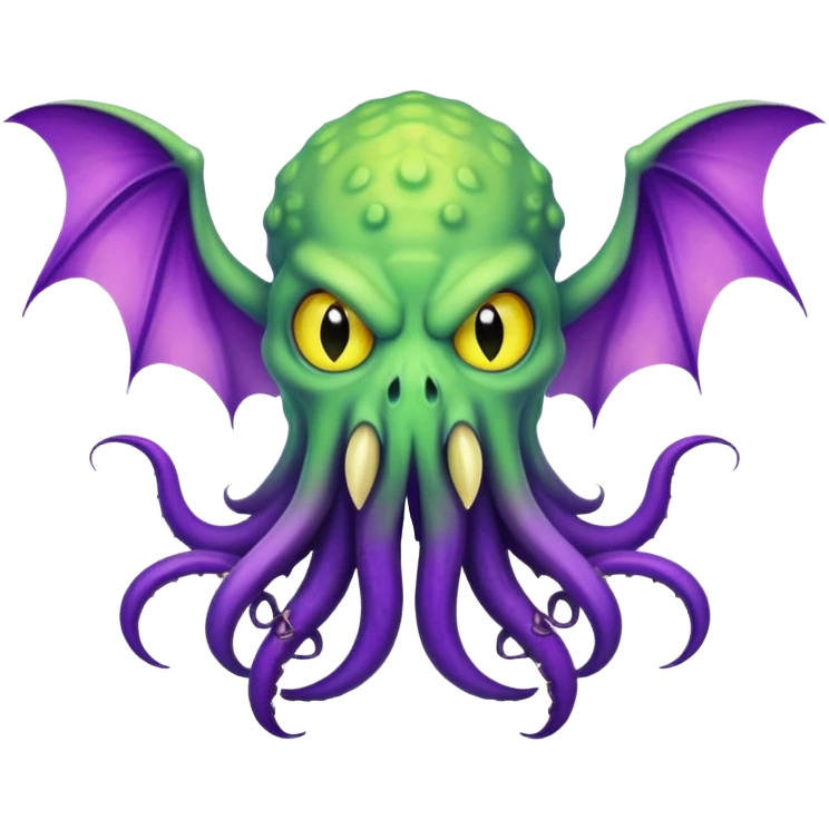 light green Cthulhu with purple bat wings and purple gradient tentacles. Yellow angry eyes emoji