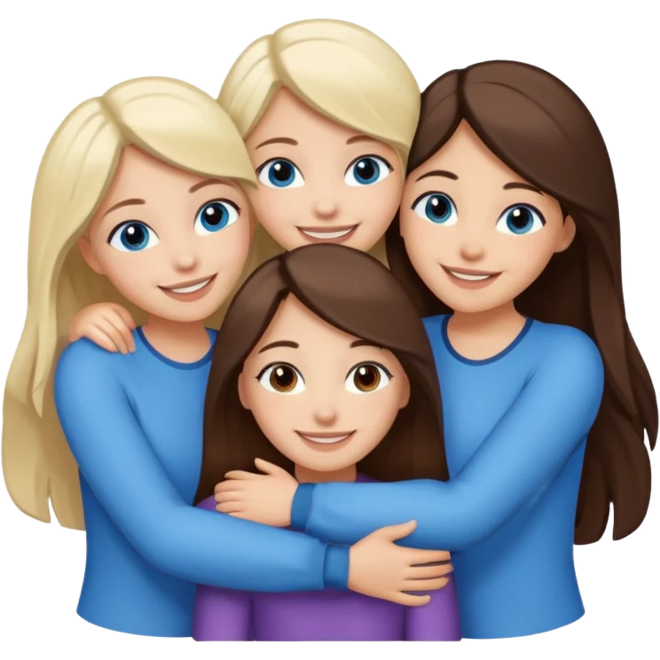 four white girlfriends hugging and smiling    2 girls with brown eyes and long dark brown hair. Two girls with blue eyes and light blonde hair emoji