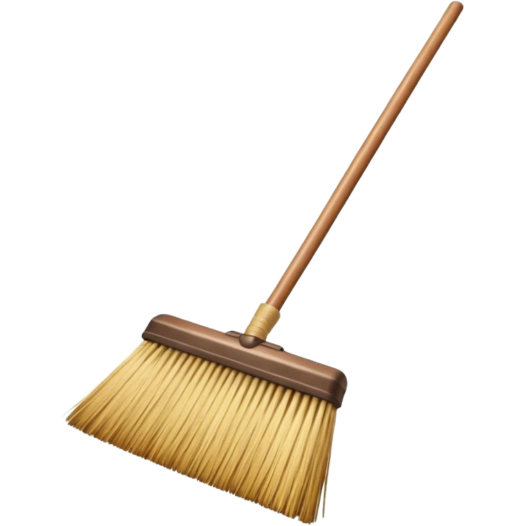 traditional broom with wooden handle cleaning dust from a carpet, straw bristles sweeping visible dust particles, vintage household cleaning tool, simple retro style, 3D cartoon, mobile game icon style, centered composition, clean background, no people, no animals, no text, no watermark emoji