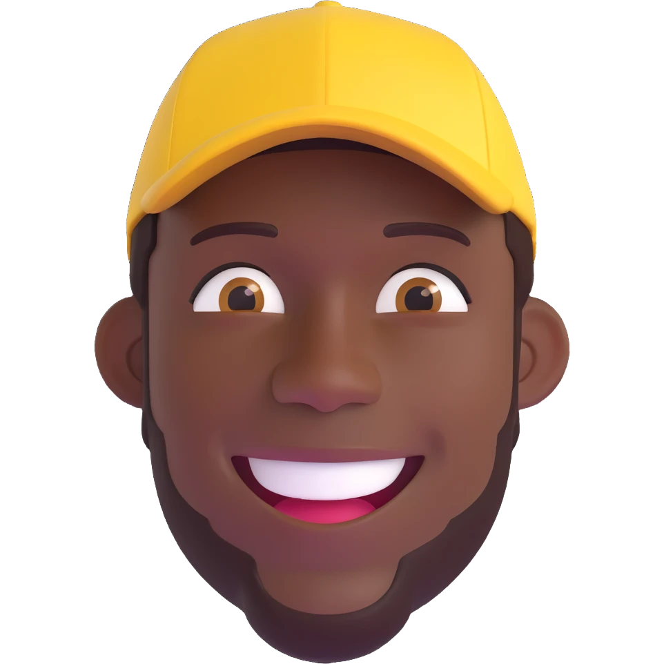 Create an individual memoji of a man with dark skin, wearing a yellow cap, smiling, in a 3D cartoon style similar to the reference image. emoji