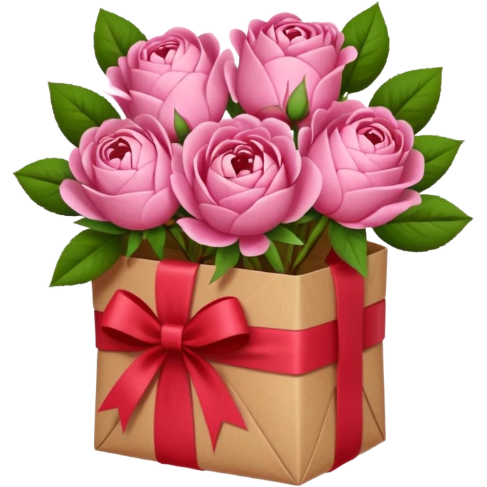 Bouquet of pink flower like rose and peony wrapped in kraft paper with red bow emoji