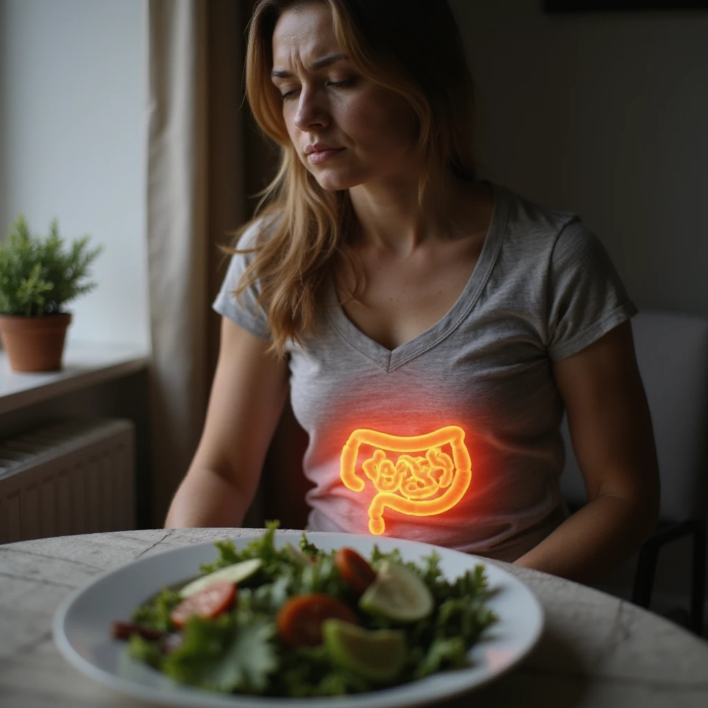 adult woman, photorealistic, intestinal pain, sitting at table with salad plate, intestine highlighted with glow effect, downcast expression, natural light, kitchen background emoji