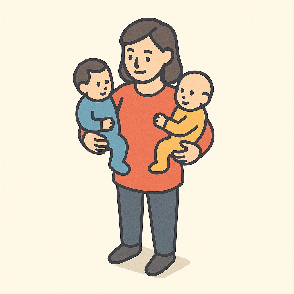 a mother standing and holding two babies, one on each arm, smiling, 2D isometric illustration style emoji