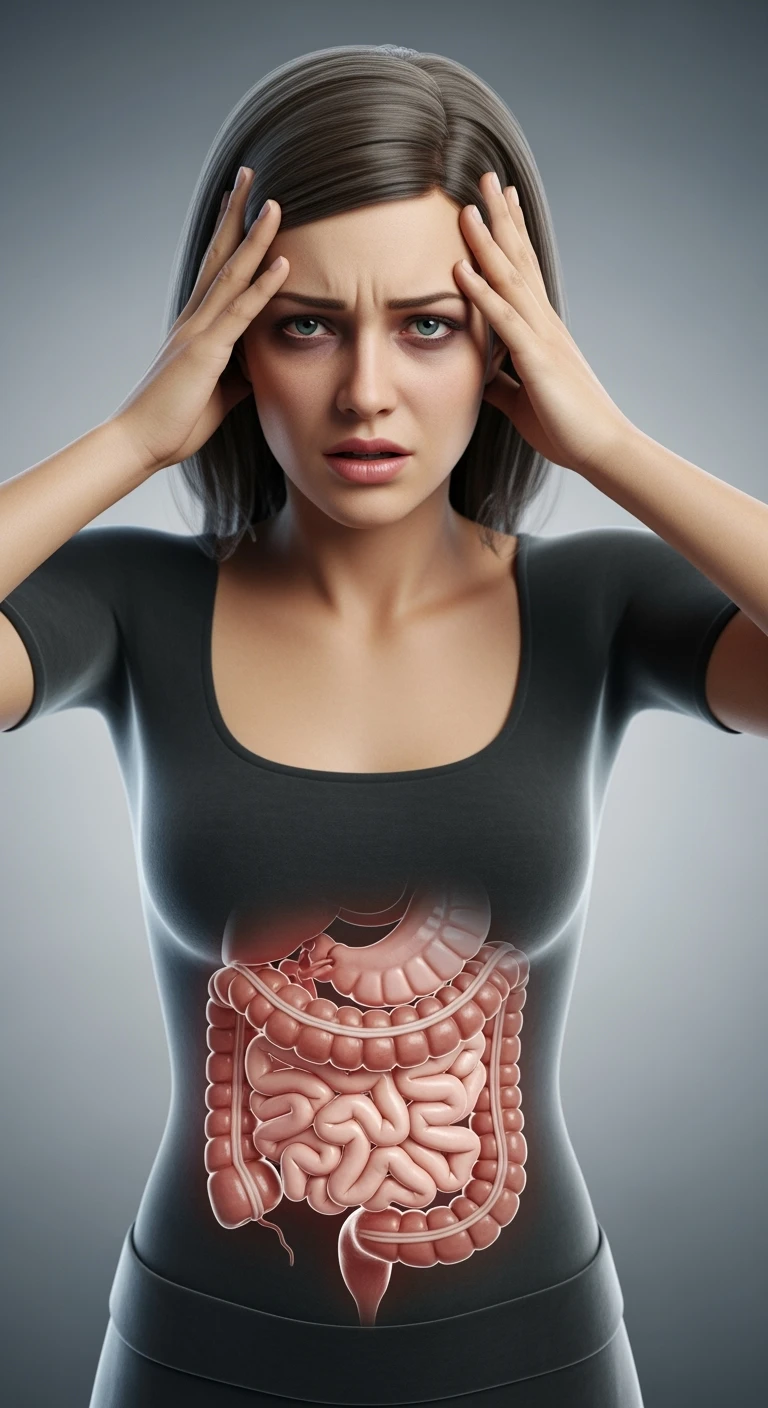 donna stressata con intestino umano anatomico in evidenza, iperrealistica 4k emoji