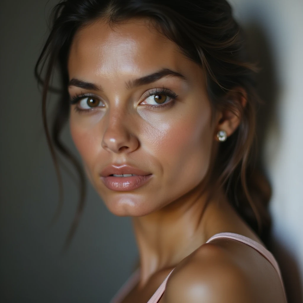realistic portrait of a girl resembling Adriana Lima, photorealistic style, subtle makeup, direct gaze emoji