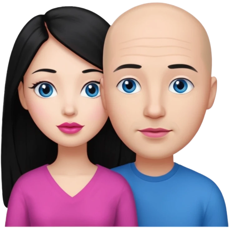 Bald white man blue eyes in love with Filipina woman with long hair and dark eyes and pink lips emoji