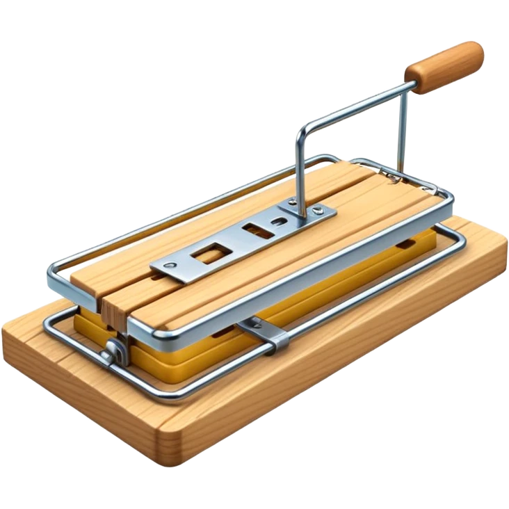 A 3D emoji in iOS emoji aesthetic style of a classic mousetrap without cheese, showing a wooden base and metal spring mechanism, clean minimal design, bright lighting, glossy Apple-style look, white background. emoji