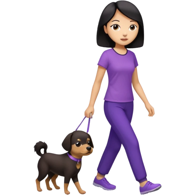 black hair Chinese woman wearing purple top and black pants walking one small brown dog emoji
