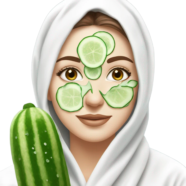 BLUE EYES White girl with Brown hair and blue eyes wears a Green colored skincare clay textured mask and puts on cucumbers around her eyes while She relaxes in her white Robe emoji