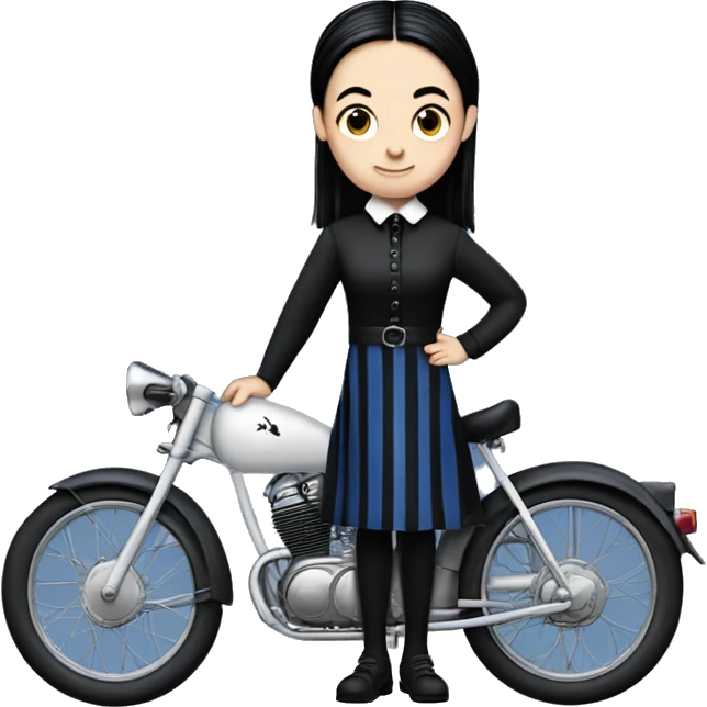 Wednesday Addams from academy in a blue and black vertically-striped classic dress. riding hot rod bikes with crows emoji
