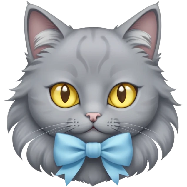 a grey cat with yellow eyes and a light blue full-length bow emoji