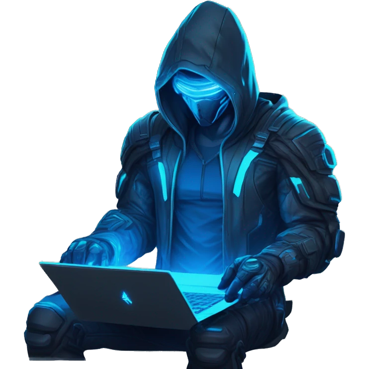 developer behind his laptop with this style : crysis Cyberpunk Riot Games Valorant neon glowing bright blue character blue black hooded assassin themed character emoji