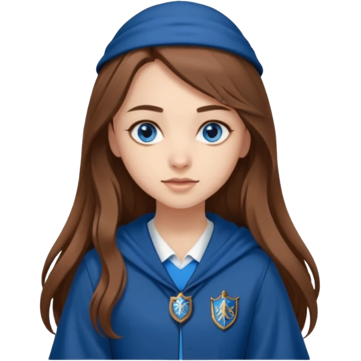 gorgeous Girl with light skin, blue eyes, long brown hair, wears a ravenclaw outfit emoji