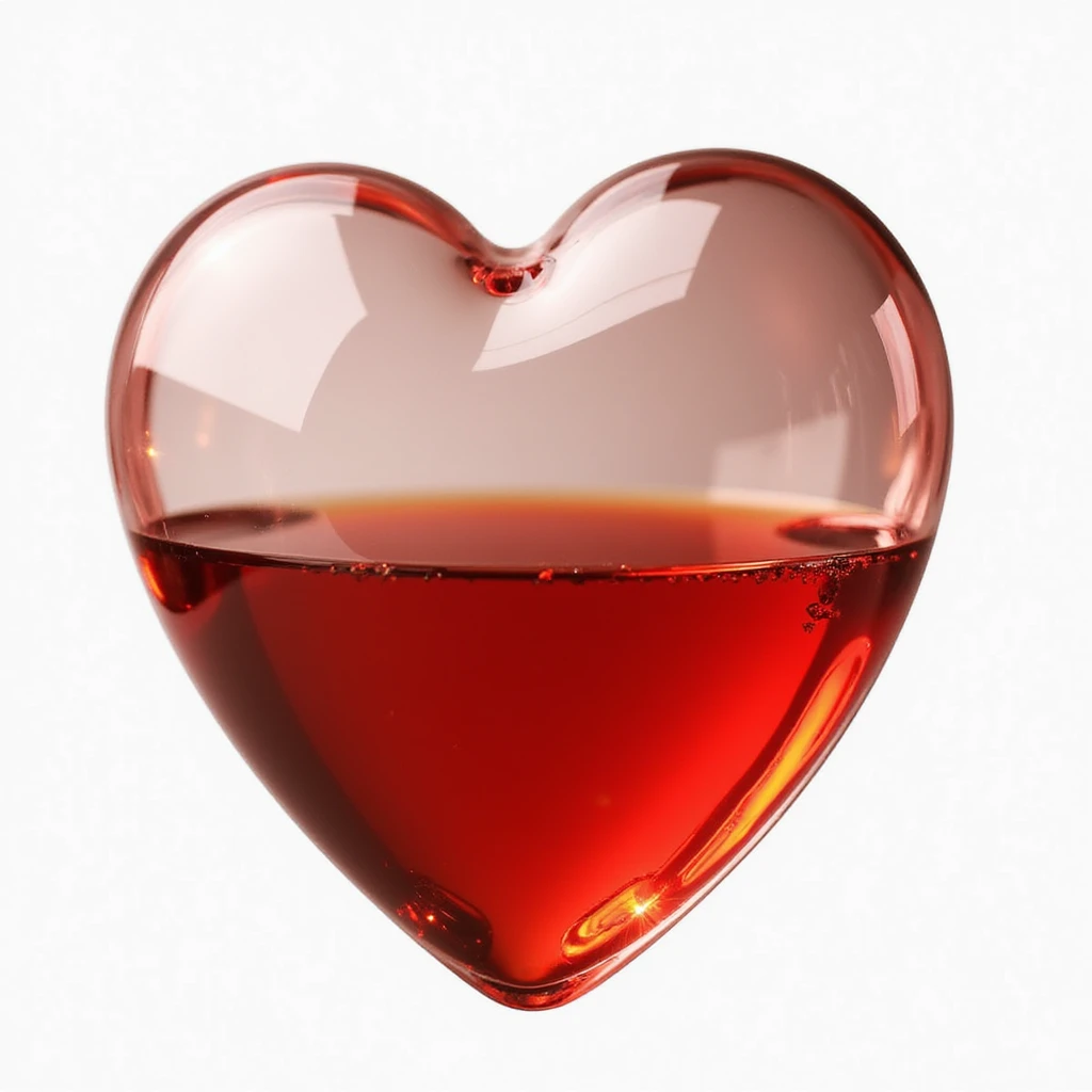 a transparent heart with a glossy finish, half filled with bright red liquid, realistic and detailed emoji