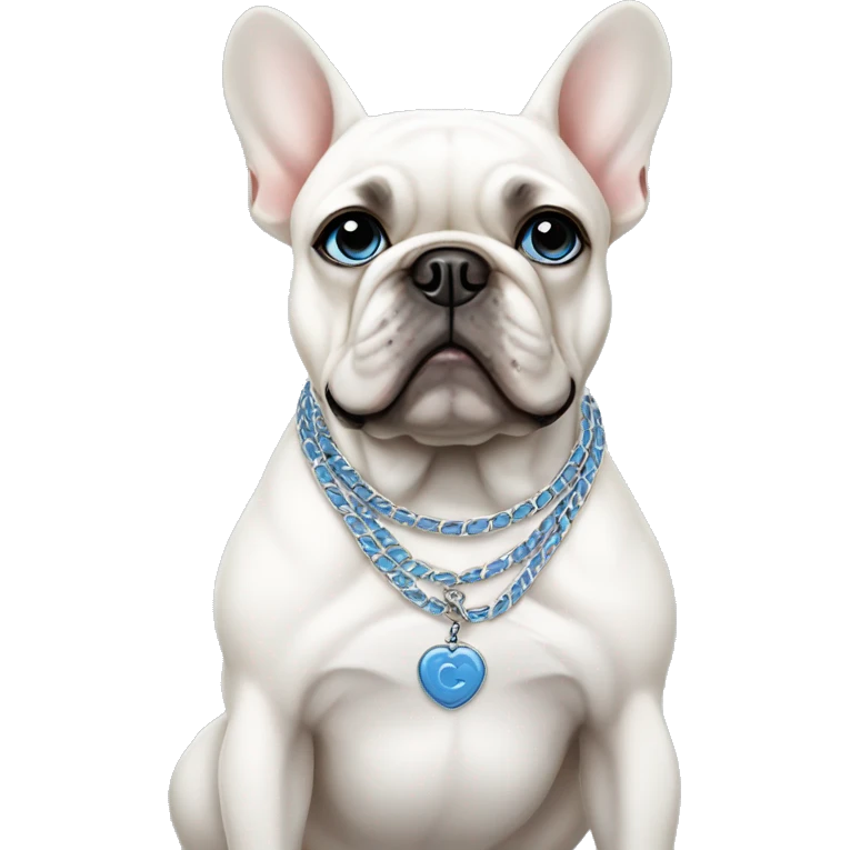 White French bulldog with blue eyes making a sad face and wearing a Chanel necklace emoji
