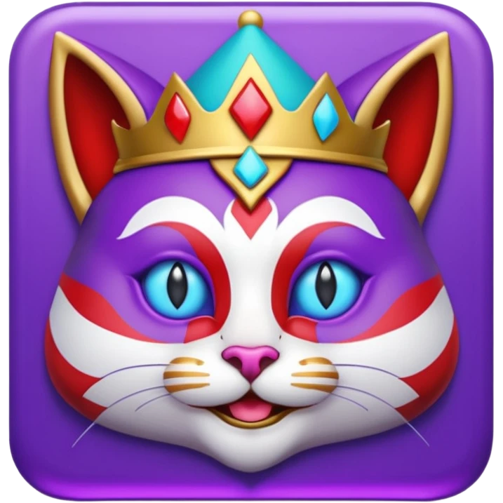 crazy colorful cute little cat jolly joker from poker, medieval, vintage, court jester, mac os icon, purple, gold and red color, half body, blue ice eyes. Squared shape as 3D mac os icon, symmetrical emoji