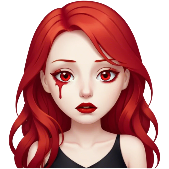 a crying woman with long red hair and red eyes. The woman wear a black little cutted dress. She have red lipstick and she have a seductive look. She cryed tears  emoji