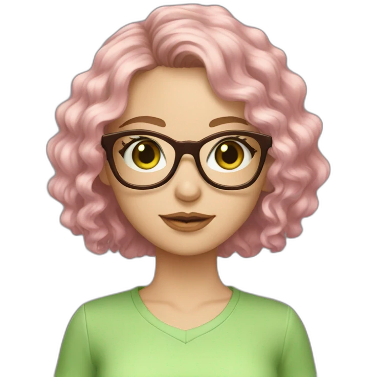 White Girl pink glasses green eyes wavy dark brown curly bob hair fringe emoji