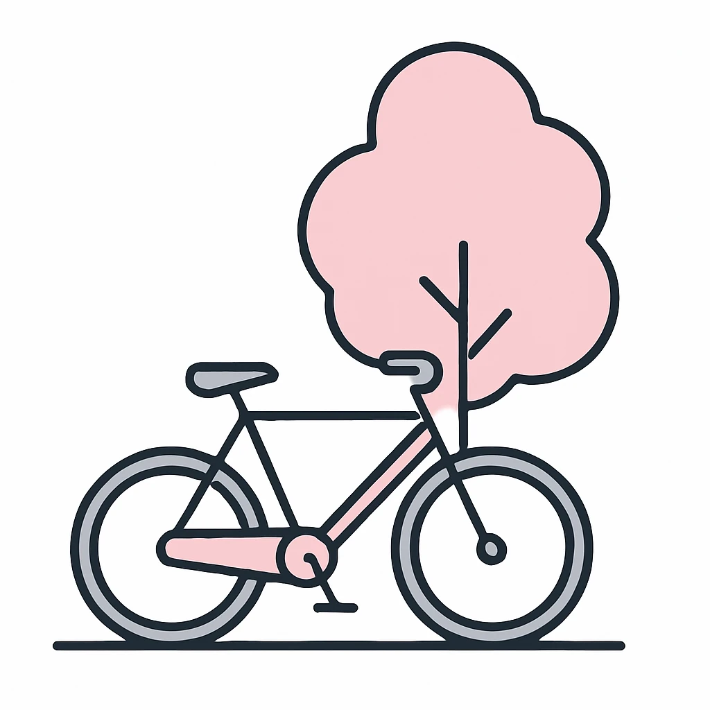 A pink and gray flat illustration of a bicycle leaning against a tree. emoji